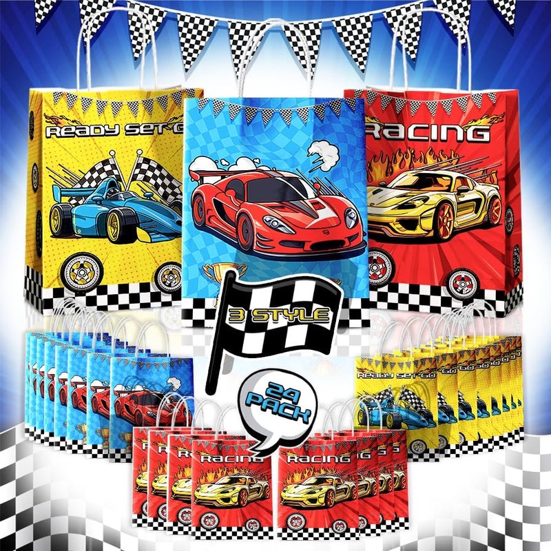 JOYGATHER 24 Pcs Racing Car Party Favor Bags with Handles - Race Car Goodie Bags Gift Bags. Checkered Two Fast Theme Candy Bags for Kids, Kraft Paper Bags for Birthday Party Supplies Decorations - Image 2